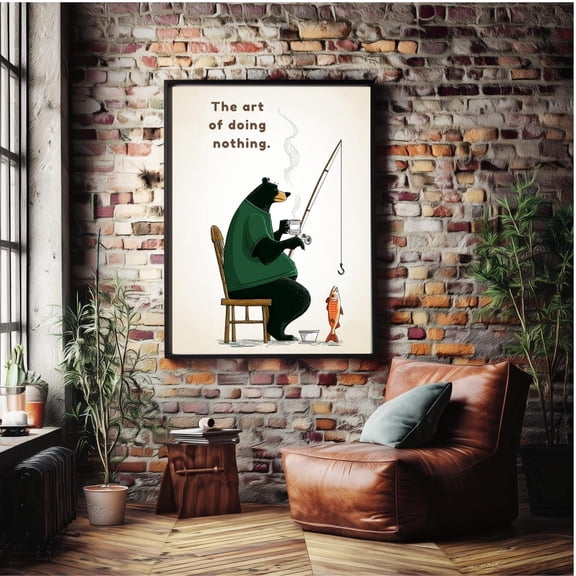 Bear Fishing & Coffee Print, Relaxing Animal Art Home Decor #1044, Unframed Canvas Size 24x36