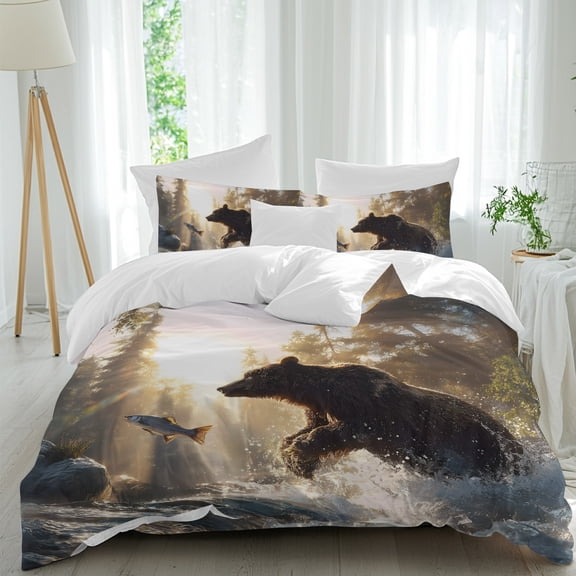 Bear Fishing Comforter Set Full Size, Forest Stream Animals Sunset Soft Bedding Set for Man Woman, 4 Pieces Duvet Cover Set with Fitted Sheet, 2 Pillowcases