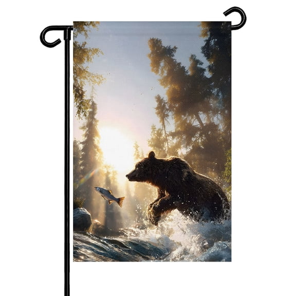 Bear Fishing Garden Flag 12x18 Inch Forest Stream Animals Sunset Double Sided Small Decorative Garden Flags for Outside, Outdoor Yard Porch Lawn Decoration