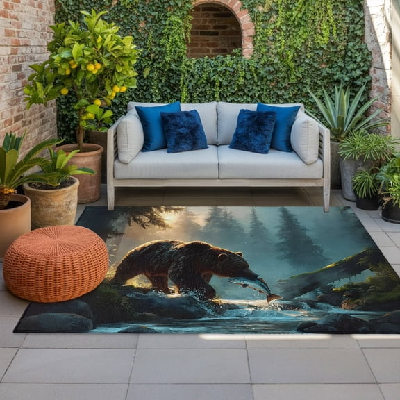 Bear Fishing Indoor Outdoor Rugs 3x5 Ft, Forest Stream Animals Outdoor Patio Rugs Mat Washable Outside Area Rugs Carpet for Porch Deck RV Camping Pool Balcony Backyard