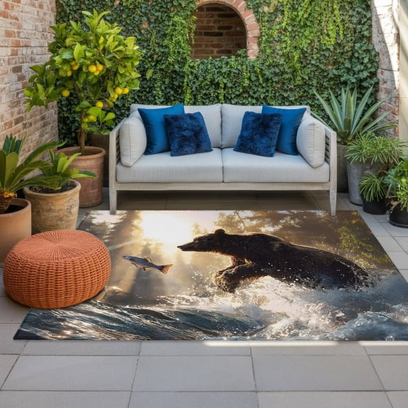 Bear Fishing Indoor Outdoor Rugs 4x6 Ft, Forest Stream Animals Sunset Outdoor Patio Rugs Mat Washable Outside Area Rugs Carpet for Porch Deck RV Camping Pool Balcony Backyard