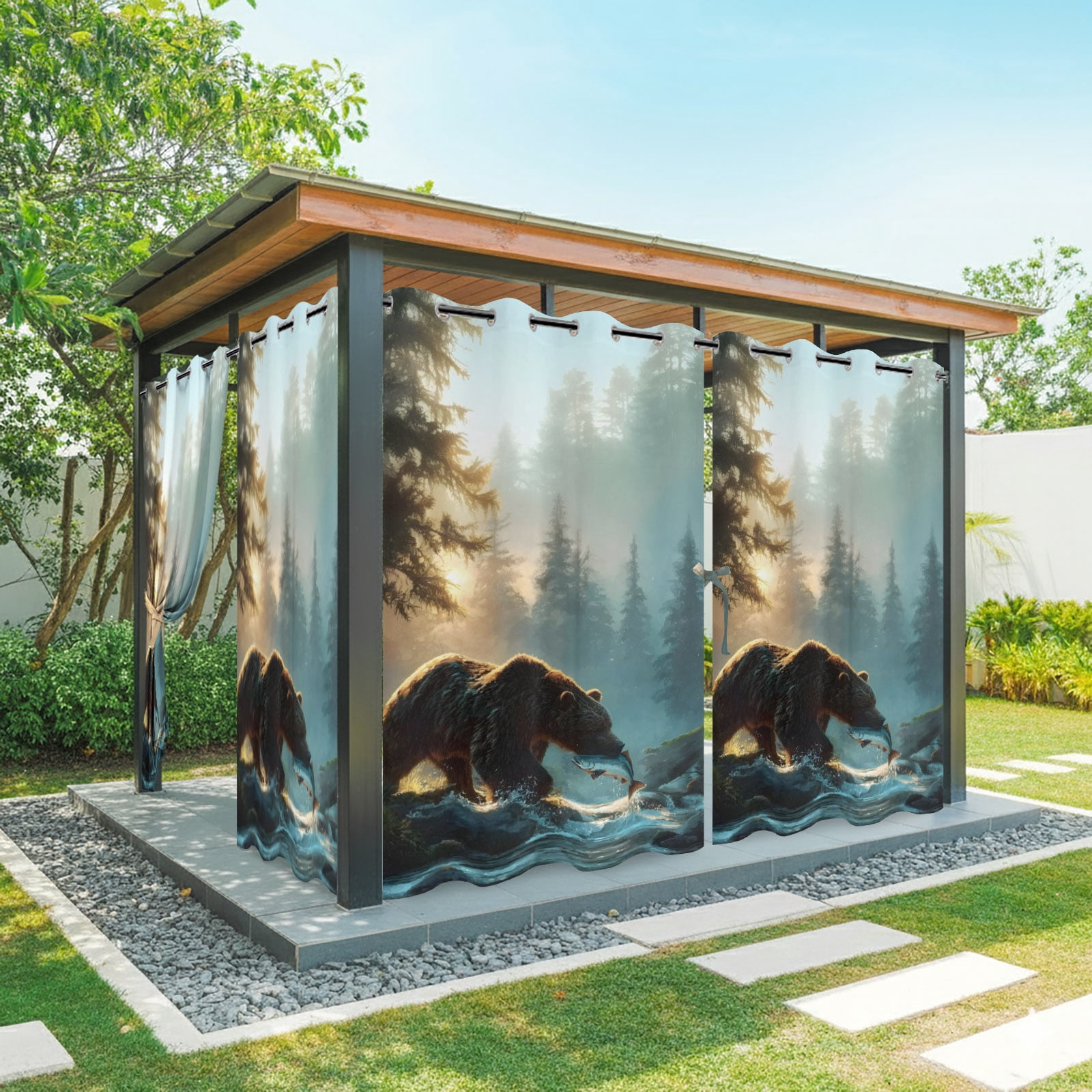 Bear Fishing Outdoor Curtains for Patio, Forest Stream Animals Sunshade Privacy Drapes Grommet Waterproof Outside Curtains for Porch/Cabana/Balcony 54"x 108", 1 Panel