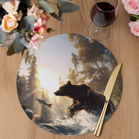 Bear Fishing Round Braided Placemats Set of 1, Forest Stream Animals Sunset Heat Insulation Place Mats Washable Non-Slip Table Mats for Kitchen Dining Party, 13 Inches
