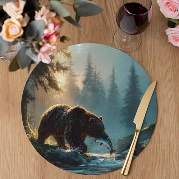 Bear Fishing Round Braided Placemats Set of 2, Forest Stream Animals Heat Insulation Place Mats Washable Non-Slip Table Mats for Kitchen Dining Party, 13 Inches