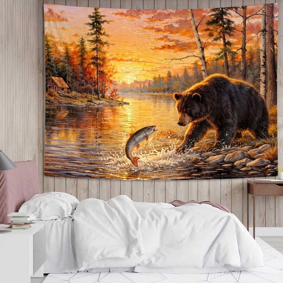 Bear Fishing at Sunset Tapestry, Rustic Wilderness Forest Lake Wall Hanging, Nature Wildlife Landscape Tapestry for Living Room Bedroom, 60x40in
