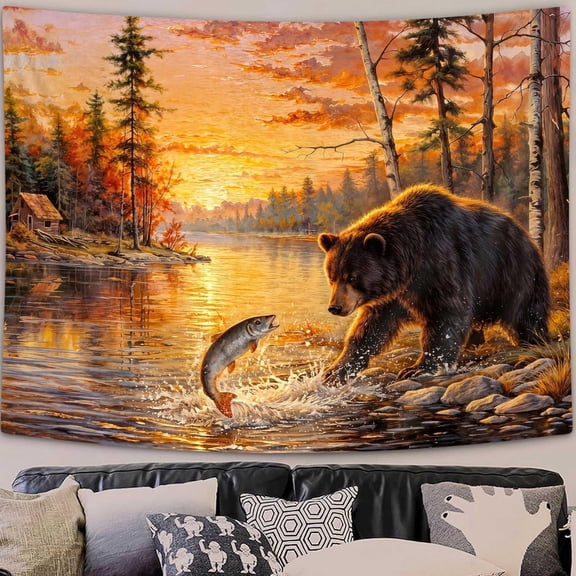 Bear Fishing at Sunset Tapestry, Rustic Wilderness Forest Lake Wall Hanging, Nature Wildlife Landscape Tapestry for Living Room Bedroom, 80x60in