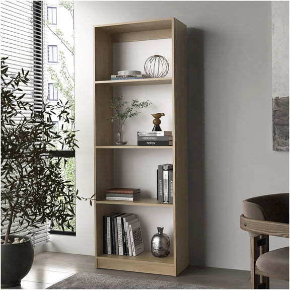 Bear Flat Bookcase 4-Tier Open Shelf Book Rack, Natural Oak & White Finish, Modern Storage Organizer
