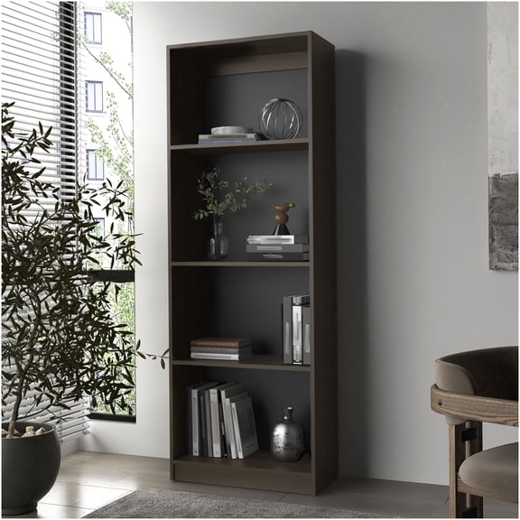 Bear Flat Bookcase with Open Storage, 4 Shelves, Dark Walnut Finish, Modern Book Shelf for Living Room