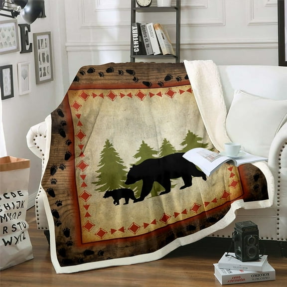 Bear Fleece Blanket Twin Size Rustic Farmhouse Bear Wildlife Throw Blanket for Bed Sofa Couch Wild Bear Bed Blanket Country Cabin Decor Woodland Bear Paw Print Sherpa Blanket Brown Green