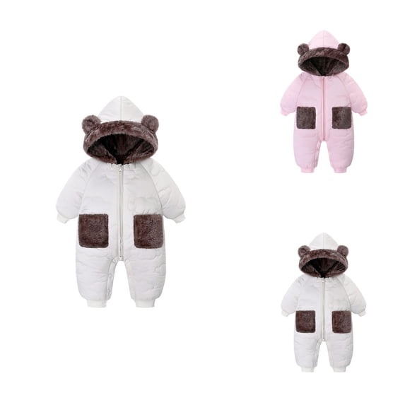 Bear-Fleece Hooded Snowsuit, Newborn Baby Boys Girls Winter Jumpsuit Romper Warm Outwear Coat 0-12 Months