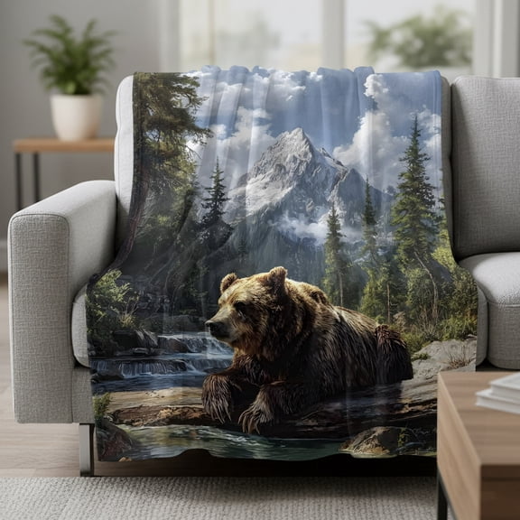 Bear Fleece Throw Blanket Animal Snow Mountain Nature Pine Forest Ultra Soft Fuzzy Cozy Flannel Throw Blanket for Couch Sofa Bed Car Travel, Ideal Gifts 50x60 Inches