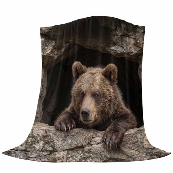 Bear Fleece Throw Blanket Country Rustic Natural Forest Rock Cave Wild Animal Ultra Soft Fuzzy Cozy Flannel Throw Blanket for Couch Sofa Bed Car Travel, Ideal Gifts 40x50 Inches