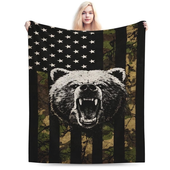 Bear Fleece Throw Blanket, Roaring Bear with Black American Flag Military Camo Art Print, Soft Warm Lightweight Blanket for Sofa Couch Bed, Home Decor All Season 60x50