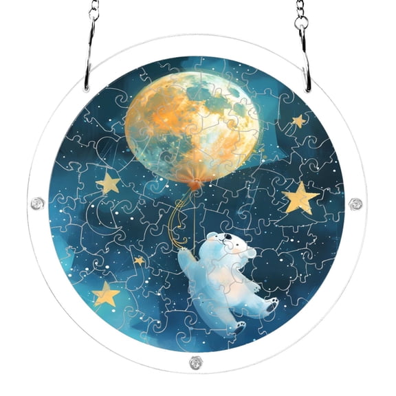 Bear Flies with Moon Balloon Stars Acrylic Jigsaw Puzzles 83 Pieces Suncatcher for Window Hanging 7.5 Inch Holiday Home Decor