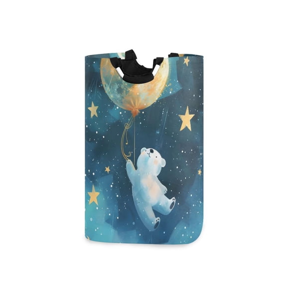 Bear Flies with Moon Balloon Stars Laundry Basket with Handles Foldable Laundry Hamper Freestanding Washing Bin 50L