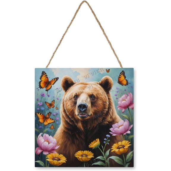 Bear with Flower Hanging Wood Sign Home Decorative, Woodland Animal Door Sign Plaque, Bear Wall Sign, Wood Board with Hanging String for Home Decor, Lovers Gifts 12x12 inches