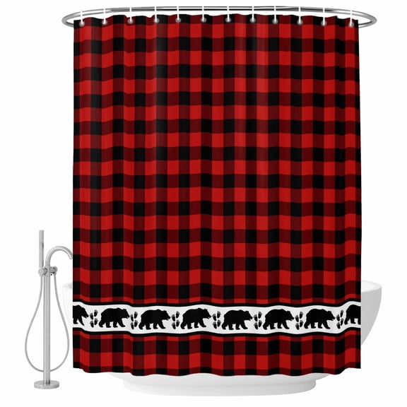 Bear Footprints Red Buffalo Plaid Fabric Shower Curtain Forest Animals Washable Shower Curtains for Bathroom, Waterproof Bath Curtain with Hooks Home Decor 36x72in