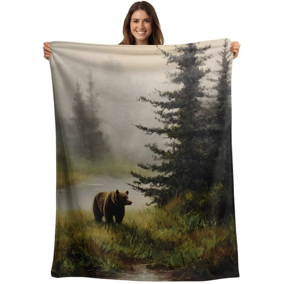 Bear Forest Blanket Soft Cozy Warm Throw Blanket for Couch, Plush Fuzzy Flannel Blankets for Sofa, Foggy Pine Trees Grey Wildlife Bed Blankets Lightweight Gifts for Women, 30"x40"