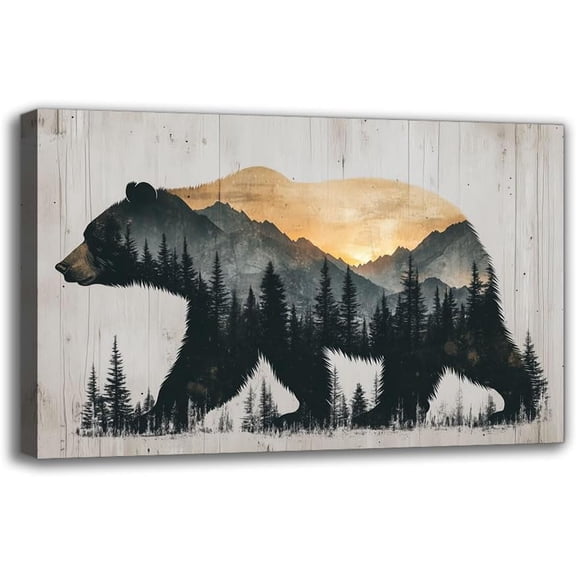 Bear And Forest Landscape Canvas Wall Art Prints - Country Style Framed Animals Art Painting, Vintage Bedroom Decor Posters, Wall Decor for Living Room Study Room Hallway Artwork (36W" X 24L")