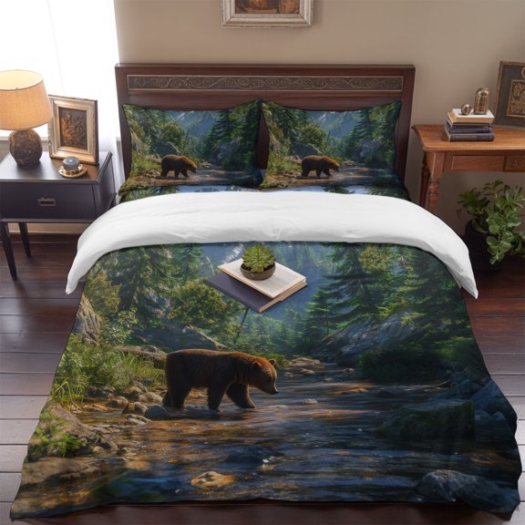 Bear Forest Mountains River Queen Size Bed Set,Natural Scenery Bedding for All Seasons,4 Pcs Bed Set,1 Quiltcover (90"x90"),1 Sheet (90"x102"),2 Pillowcases (20"x30")