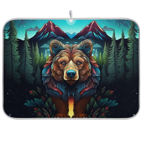 Bear Forest Mountains Trees Dish Drying Mat Dish Drainer Rack Mats Water Absorbent Non-Slip Easy Clean Heat Resistant for Kitchen Counter