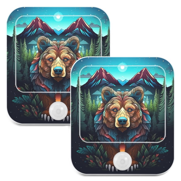 Bear Forest Mountains Trees Night Lights Plug into Wall LED with Auto Light Sensor Warm Light for Kids Hallway Bedroom Living Room Kitchen Bathroom Set of 2