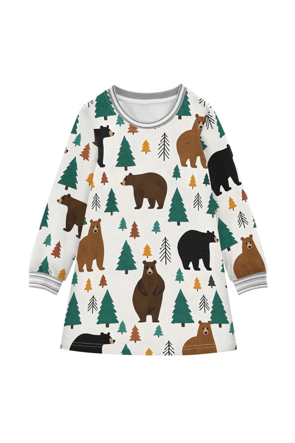 Bear Forest Pattern Girls'long-sleeved dress Thickened A-dress Warm Dress Basic Shirt Party Dresses