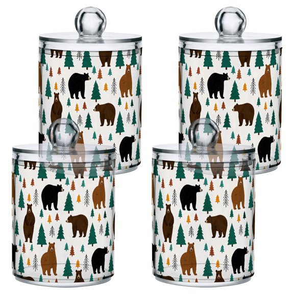 Bear Forest Pattern Plastic Storage Jar 4 Pack Clear Translucent Canisters Dustproof Lid