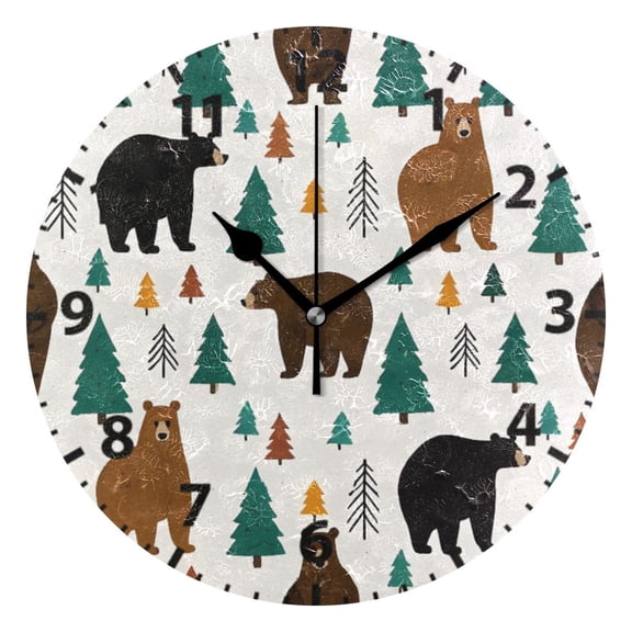 Bear Forest Pattern Wall Clock 10in Round Artistic Oil Painting Home Decor Desk Table Clock