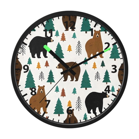 Bear Forest Pattern Wall Clock 12 Inch Voice Activated Night Light Silent Non Ticking