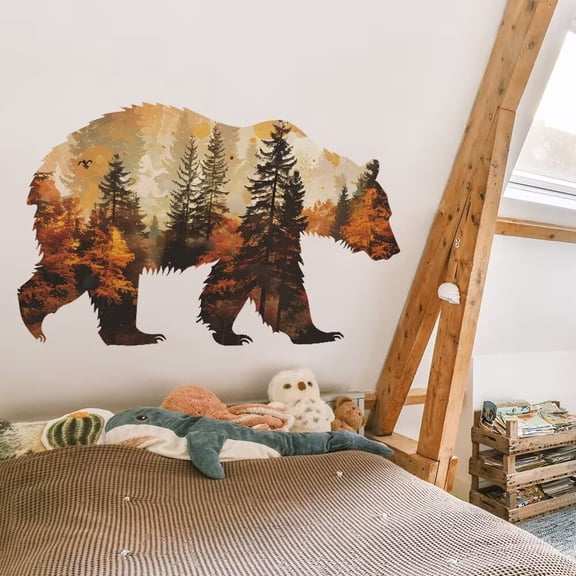 Bear Forest Silhouette Wall Decals Removable Autumn Nature Vinyl Stickers for Nursery Living Room and Bathroom Woodland Decor Peel and Stick Wall Art