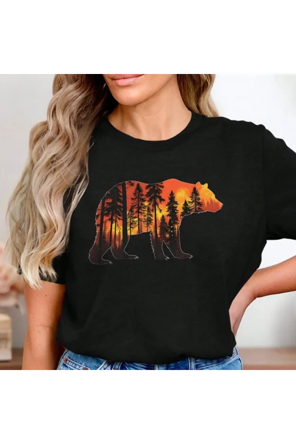 Bear Forest Sunset Graphic T-Shirt Nature Wilderness Pine Tree Silhouette Black Tee for Men and Women