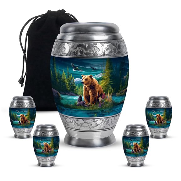 Bear And Forest Urn, Urns For Ashes, Ash Holder, Mini Keepsake Urn, Memorial Gifts For Mother And Father, Decorative Urns For Parents, 3 Inch Small With Set Of 4, Blue