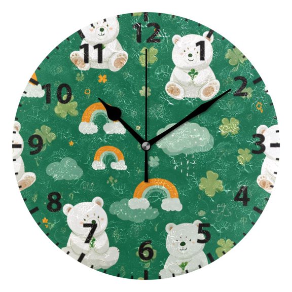 Bear Four Leaf Clover Pattern Wall Clock 10in Round Artistic Oil Painting Home Decor Desk Table Clock