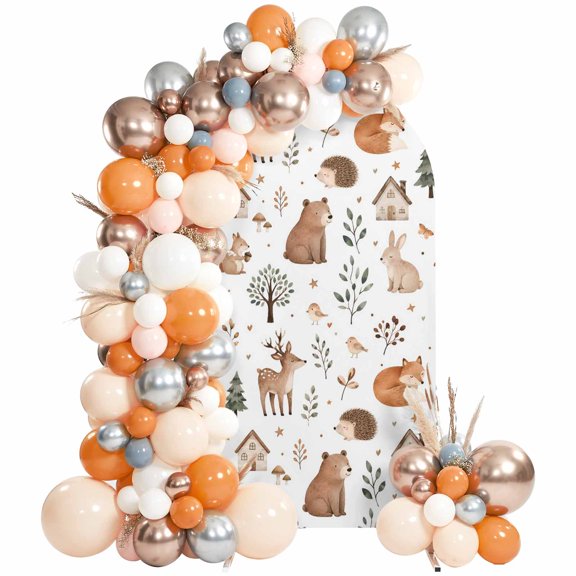 Bear Fox Hedgehog Arch Backdrop Cover 6 FT, Rustic Cartoon Brown Wildlife Green Forest Leaves Wedding Arch Cover Stretchy Backdrop Stands Covers for Birthday Party Ceremony Banquet Decor
