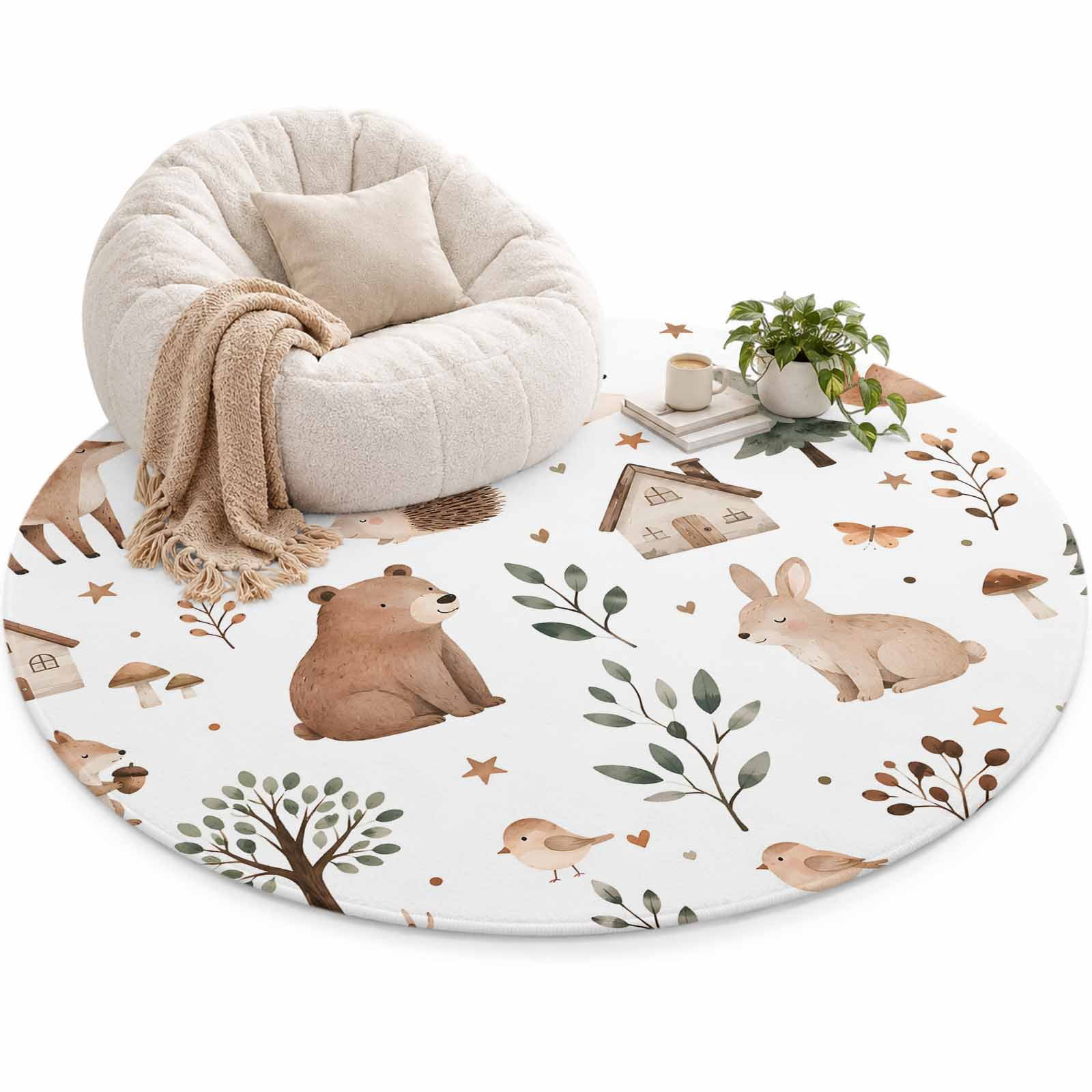 Bear Fox Hedgehog Area Rug 3', Rustic Cartoon Brown Wildlife Green ...