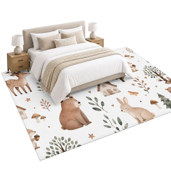 Bear Fox Hedgehog Area Rug 5'x8', Rustic Cartoon Brown Wildlife Green ...
