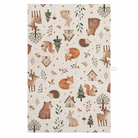 Bear Fox Hedgehog Kitchen Towels Dish Towel Pack of 1 Rustic Cartoon Brown Green Wildlife Linen Texture Soft Dish Cloth Set Absorbent Dishcloth for Drying Dishes, Hand Towels 18 x 28 Inches