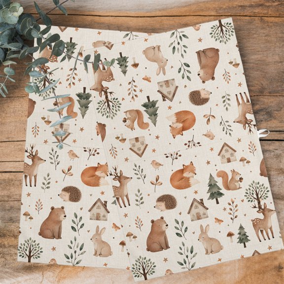 Bear Fox Hedgehog Kitchen Towels Dish Towel Pack of 1 Rustic Cartoon Brown Green Wildlife Linen Texture Soft Dish Cloth Set Absorbent Dishcloth for Drying Dishes, Hand Towels 18 x 28 Inches
