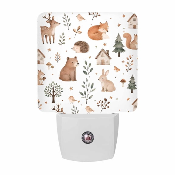 Bear Fox Hedgehog Night Lights, Rustic Cartoon Brown Wildlife Green Forest Leaves Smart Auto Dusk to Dawn Sensor Nightlights Plug-in Nightlight for Bedroom Bathroom Living Room Kitchen Hallway