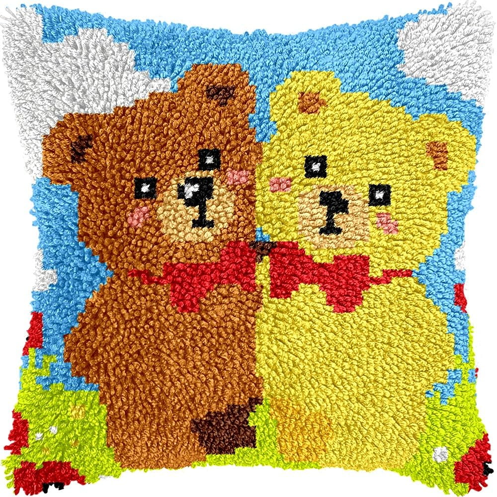 Bear Friends Latch Hook Pillow Cover Kits for DIY Handmade Throw Pillow Cross Stitch Latch Hooking Pillowcase Kits with Preprinted Color Pattern Canvas Crochet Yarn Kits 17''X 17''(8-31)