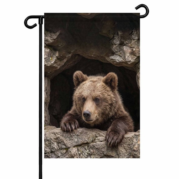 Bear Garden Flag 12x18 Inch Country Rustic Natural Forest Rock Cave Wild Animal Double Sided Small Decorative Garden Flags for Outside, Outdoor Yard Porch Lawn Decoration