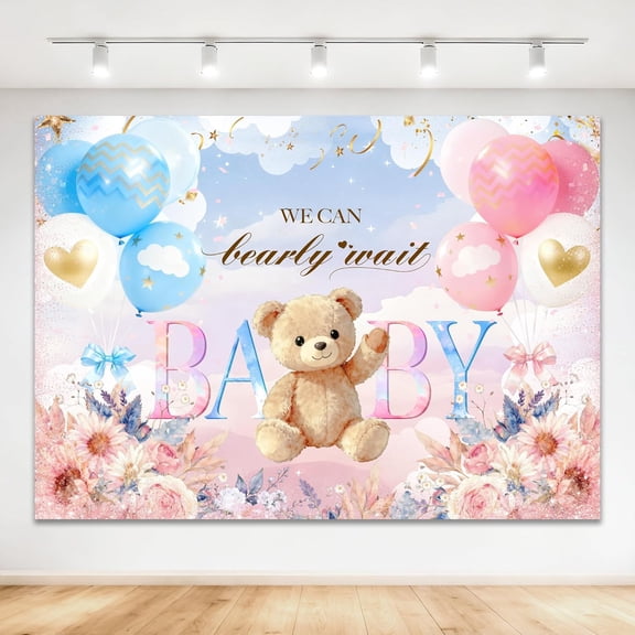 Bear Gender Reveal Backdrop We Can Bearly Wait Background Pink Blue Floral Cute Lovely He or She Gender Reveal Party Decorations Banner Supplies Photo Booth Props