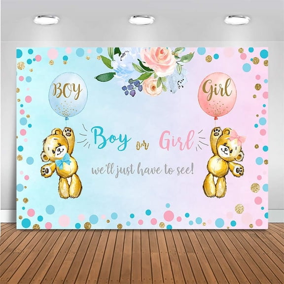 Bear Gender Reveal Backdrop Pink or Blue Balloons Boy or Girl Gender Reveal Background Blue Pink Dots Floral Baby Shower Party Banner Supplies