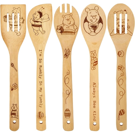 Bear Gifts for Women 5 PCS Cartoon Wooden Spoons for Cooking Bear Kitchen Accessories Cute Bee Spatula for Pooh Kitchen Decor Engraved Spoon Kitchen Stuff for Women Mothers Day Gifts