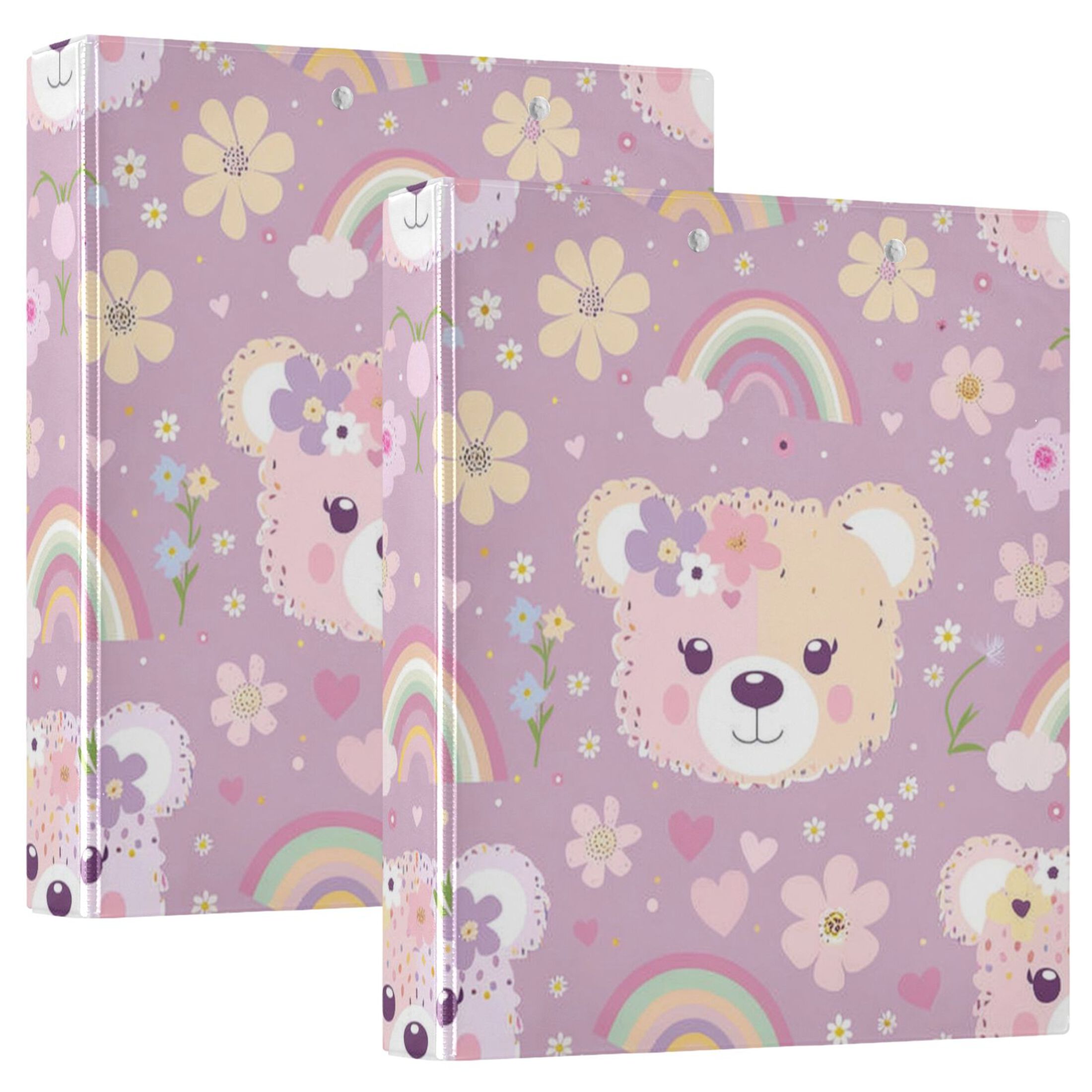 Bear Girl with Flower and Heart 3 Ring Hardcover Binders 1.5" Round Rings for Letter-Size Folder Paper Organizer Pockets for Office Student Recipe 1 Pack