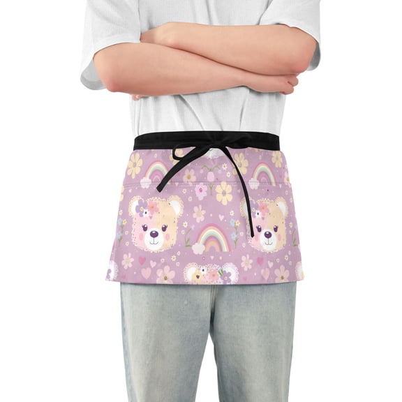 Bear Girl with Flower and Heart Server Apron with 3 Pockets Waterproof Waitress Waist Short Apron for Man Woman 12 Inches