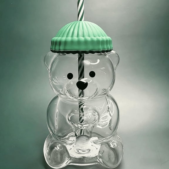 Bear Glass Cup with Straw, 20oz Reusable Glass Tumbler
