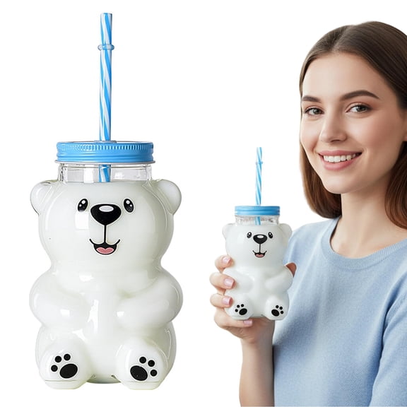 Bear Glass Cup with Straw, Glass Teddy Bears Cup, 20oz Cute Mugs for milk Juice Water Cola (Happy Bear)