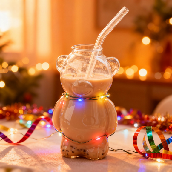 Bear Glass Tumbler with Straw,2025 Cute Bear Mug for Coffee,Beer,Wine & Cocktails,Perfect Holiday Gift Idea for Christmas,Tea Lovers & Drink Enthusiasts